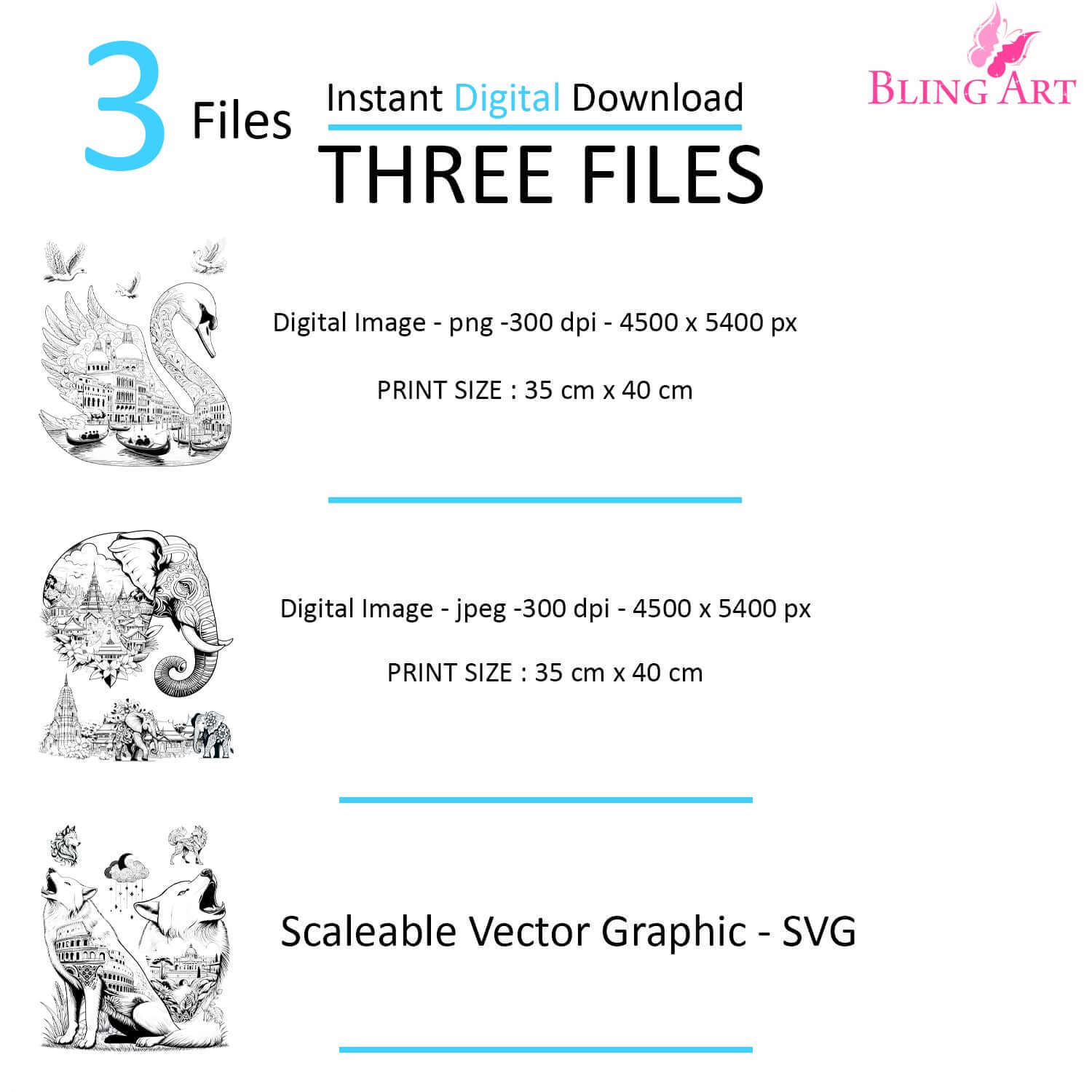 Orcas in Seattle - Tattoo Art - Digital Black and White Design (PNG, JPEG, SVG) - Instant Download for Tattoos, T-Shirts, Wall Art