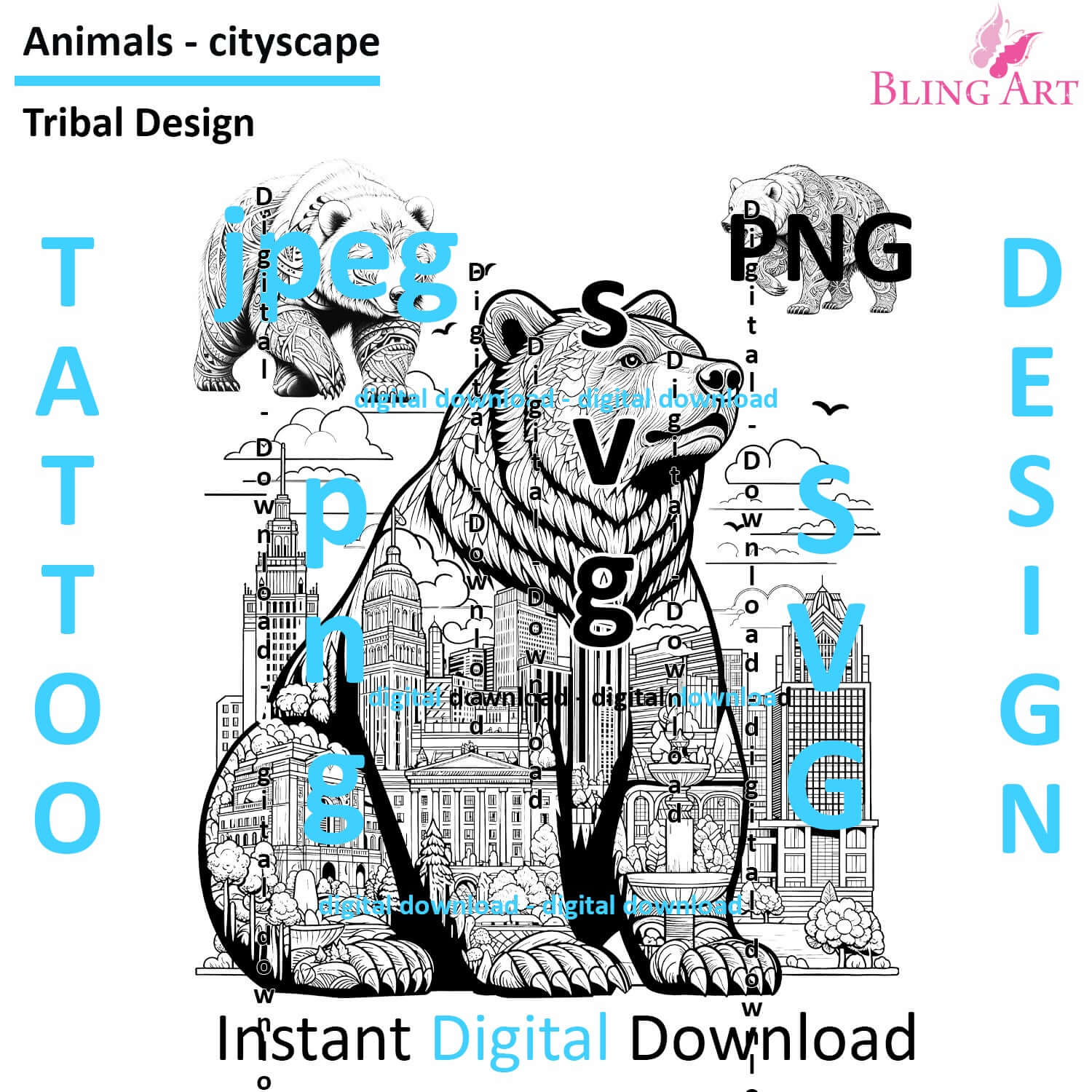 Bear in Ottowa - Tribal Tattoo Art - Digital Black and White Design (PNG, JPEG, SVG) - Instant Download for Tattoos, T-Shirts, Wall Art