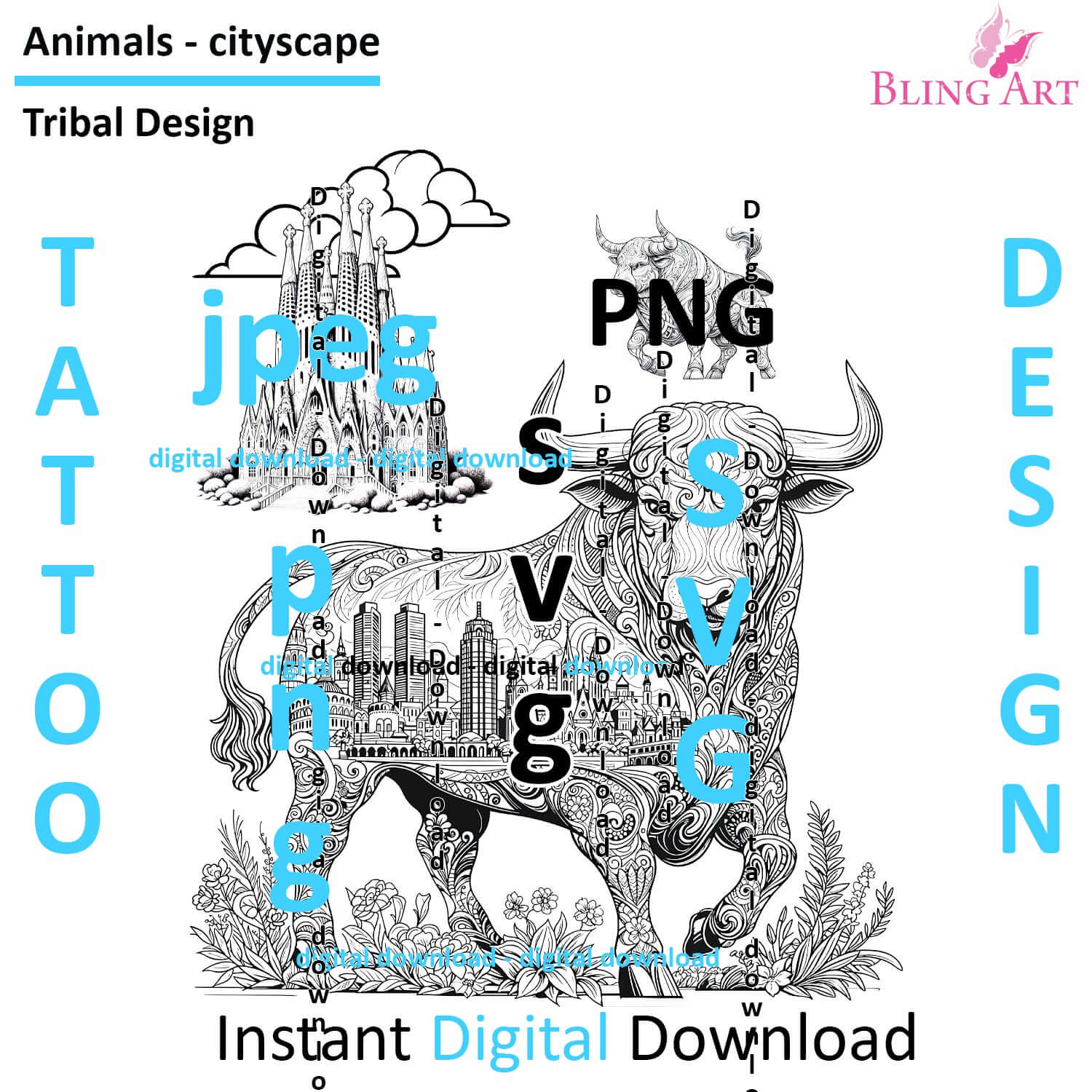 Bulls in Barcelona - Tribal Tattoo Art - Digital Black and White Design (PNG, JPEG, SVG) - Instant Download for Tattoos, T-Shirts, Wall Art
