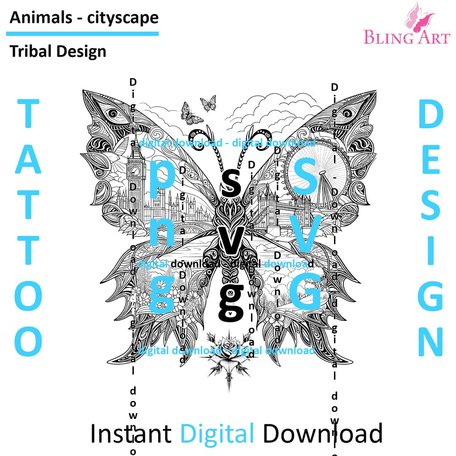 London Butterfly - Tribal Tattoo Art - Digital Black and White Design (PNG, JPEG, SVG) - Instant Download for Tattoos, T-Shirts, Wall Art