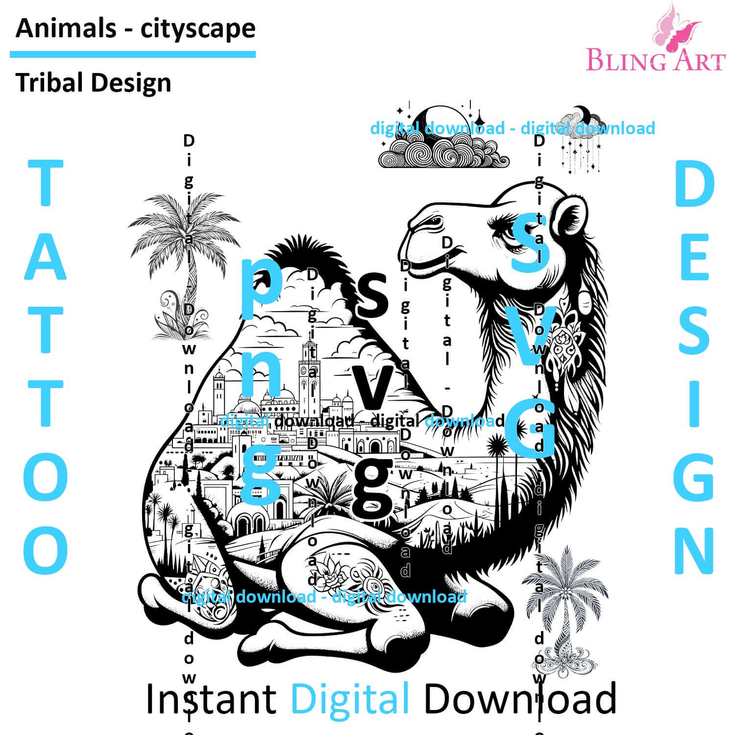 Camel in Saudi Arabia - Tribal Tattoo Art - Digital Black and White Design (PNG, JPEG, SVG) - Instant Download for Tattoos, T-Shirts, Wall Art