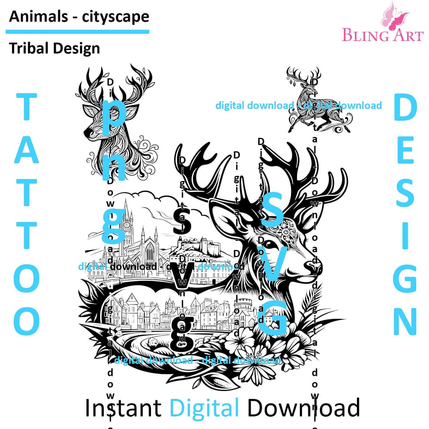 Deers in Inverness - Tribal Tattoo Art - Digital Black and White Design (PNG, JPEG, SVG) - Instant Download for Tattoos, T-Shirts, Wall Art (Copy)