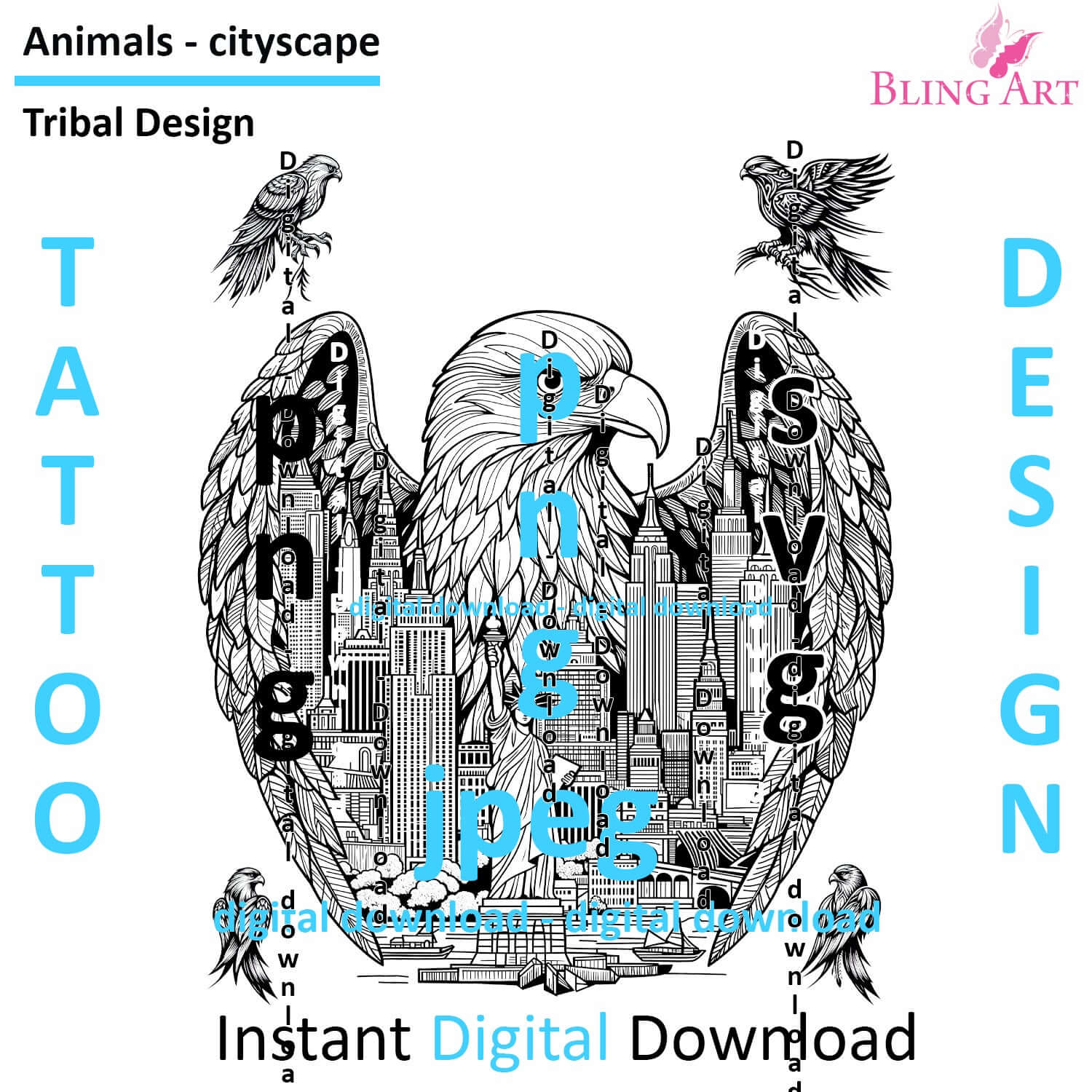 Eagles in New York - Tribal Tattoo Art - Digital Black and White Design (PNG, JPEG, SVG) - Instant Download for Tattoos, T-Shirts, Wall Art