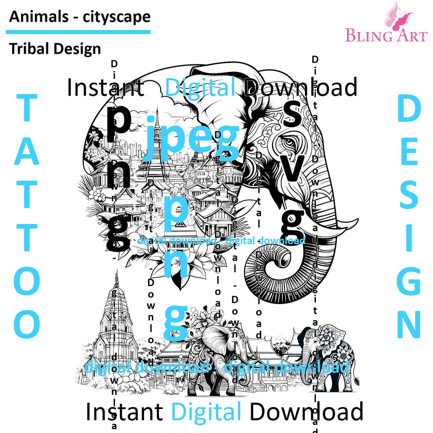 Elephants in Chang Mai - Tattoo Art - Digital Black and White Design (PNG, JPEG, SVG) - Instant Download for Tattoos, T-Shirts, Wall Art