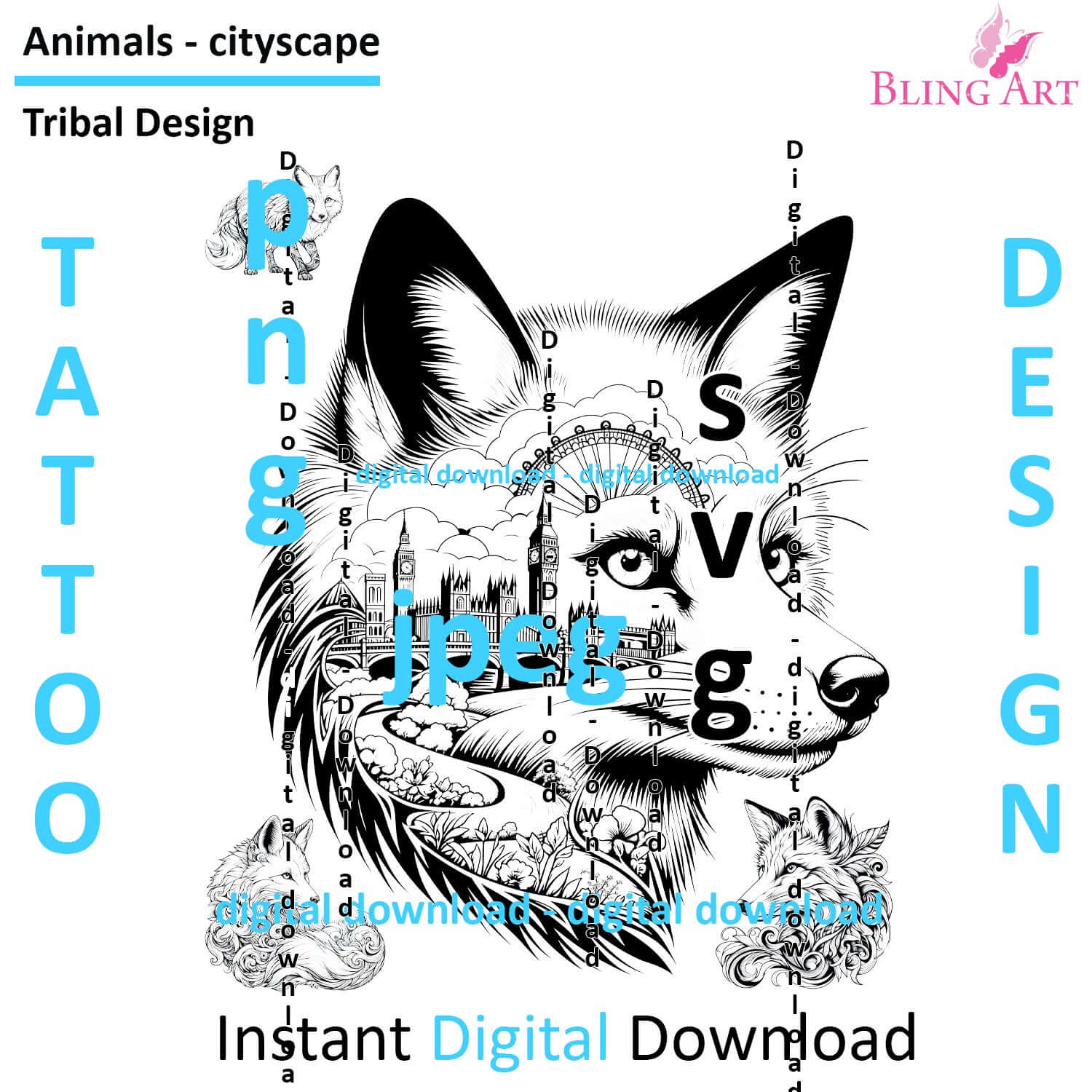 Foxes in London - Tattoo Art - Digital Black and White Design (PNG, JPEG, SVG) - Instant Download for Tattoos, T-Shirts, Wall Art