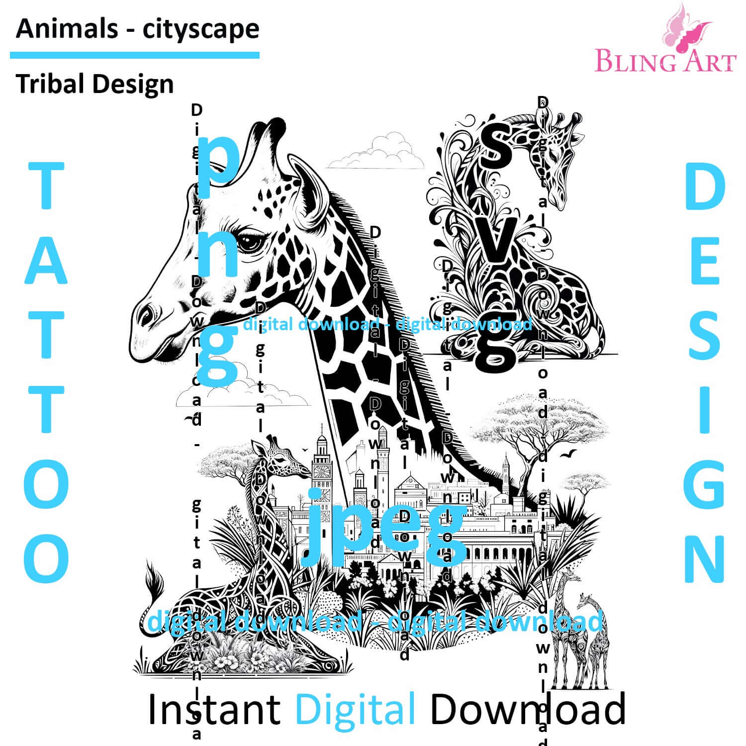Giraffes in Marrakesh - Tattoo Art - Digital Black and White Design (PNG, JPEG, SVG) - Instant Download for Tattoos, T-Shirts, Wall Art