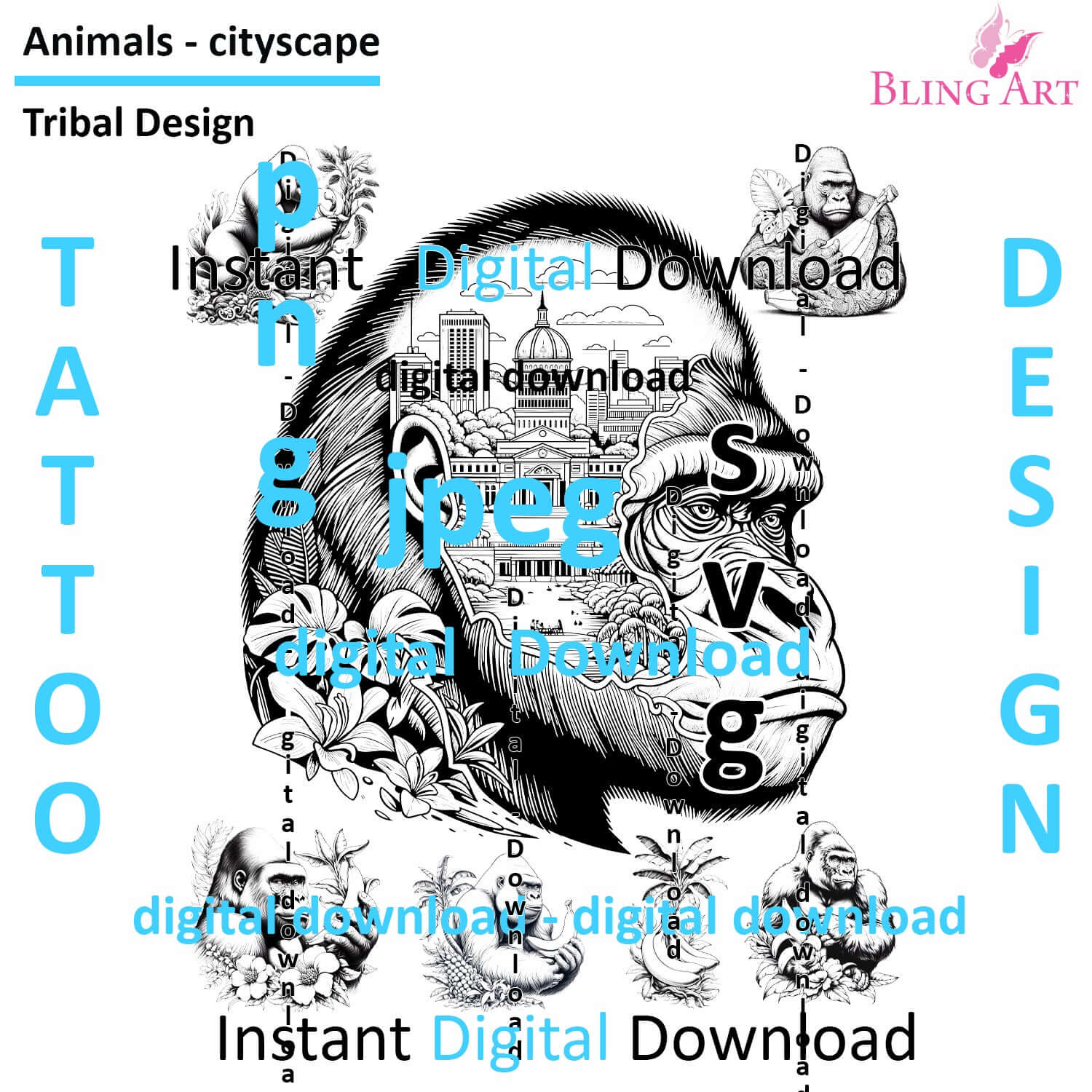 Gorillas in Kinshasa - Tattoo Art - Digital Black and White Design (PNG, JPEG, SVG) - Instant Download for Tattoos, T-Shirts, Wall Art