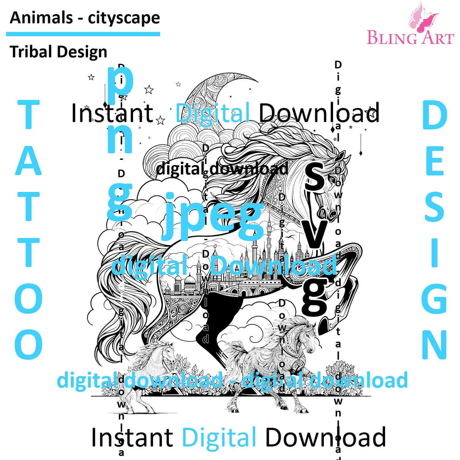 Horse in the Arabian Peninsula - Tattoo Art - Digital Black and White Design (PNG, JPEG, SVG) - Instant Download for Tattoos, T-Shirts, Wall Art