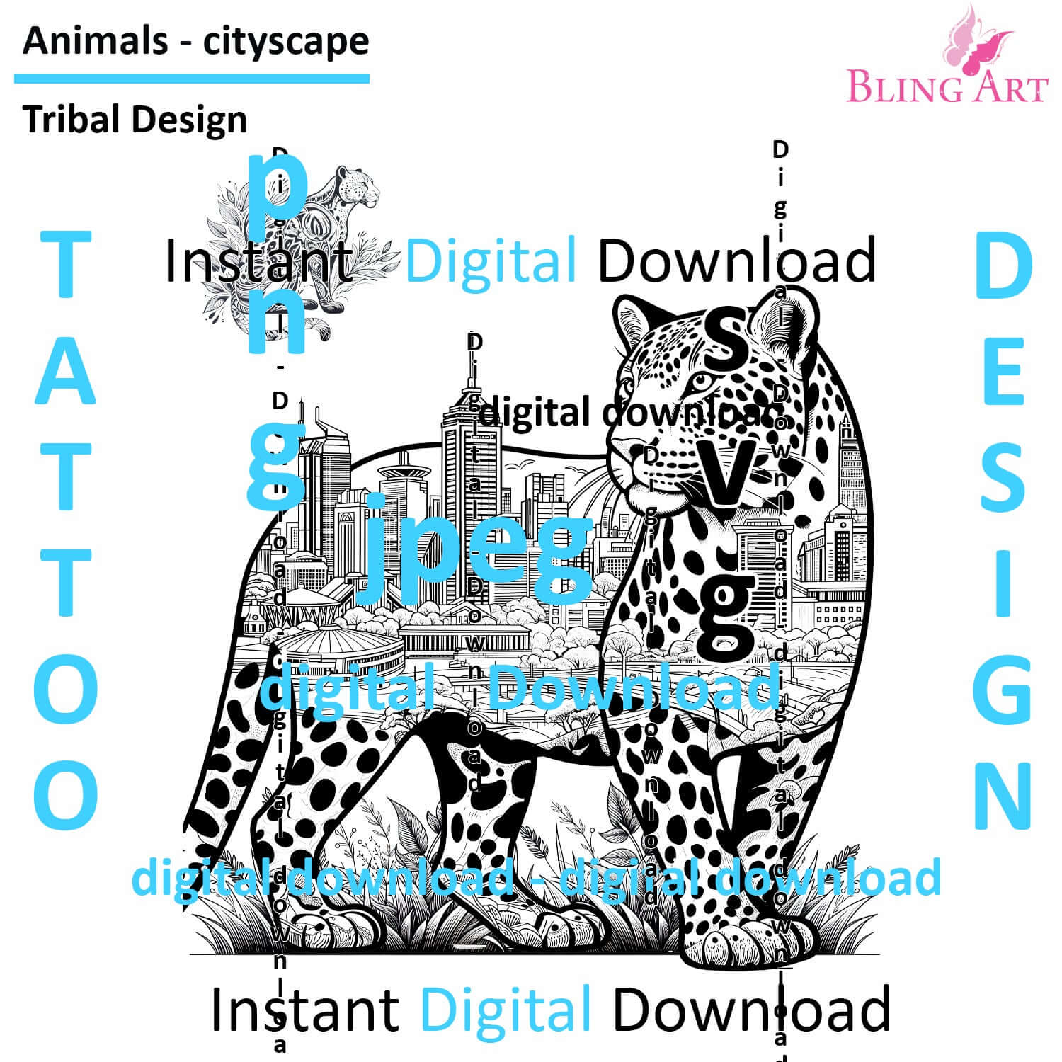 Jaguar in Manaus - Tattoo Art - Digital Black and White Design (PNG, JPEG, SVG) - Instant Download for Tattoos, T-Shirts, Wall Art