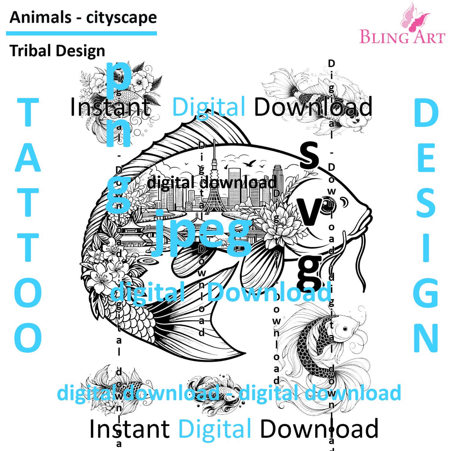Koi Carps in Tokyo - Tattoo Art - Digital Black and White Design (PNG, JPEG, SVG) - Instant Download for Tattoos, T-Shirts, Wall Art