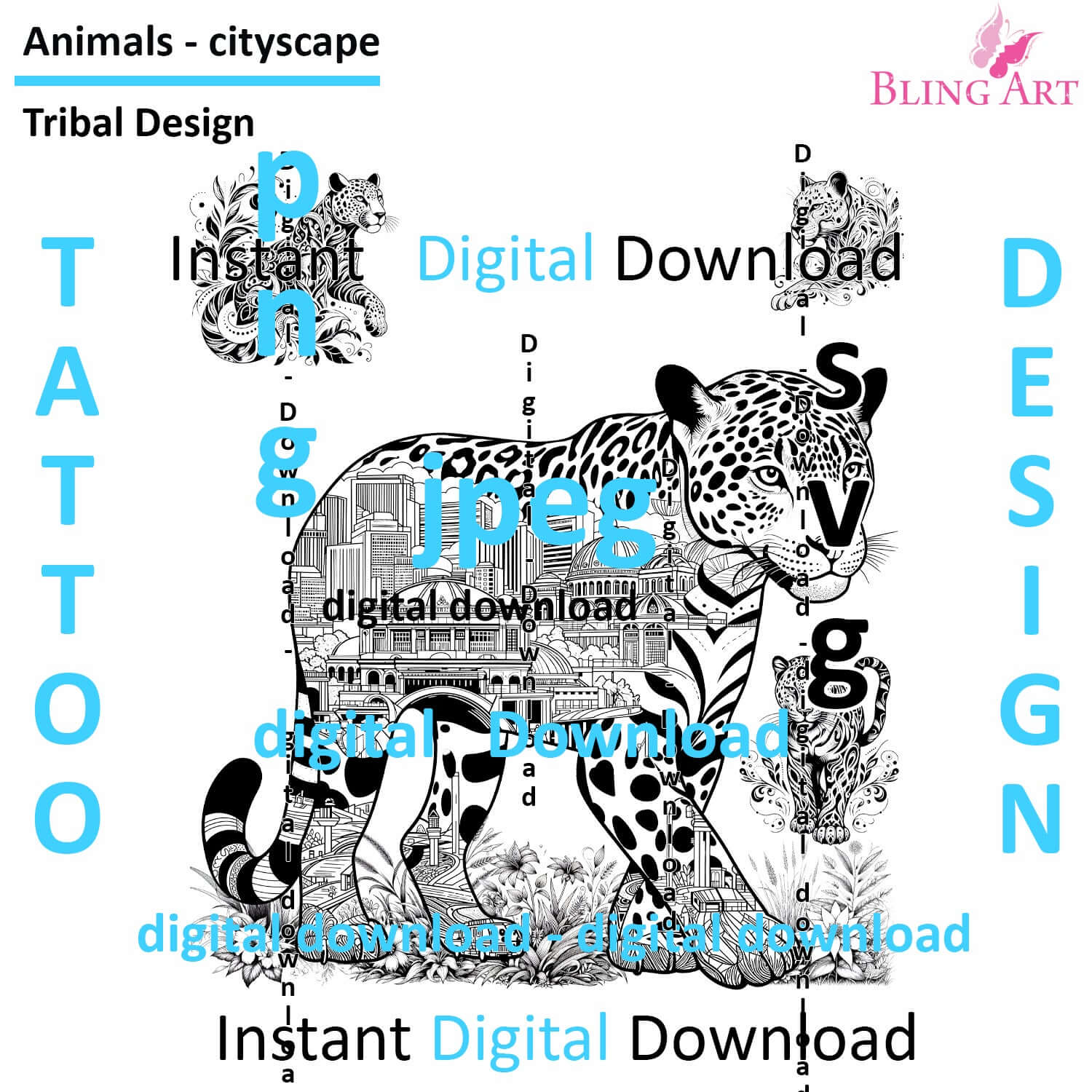 Leopards in Mumbai - Tattoo Art - Digital Black and White Design (PNG, JPEG, SVG) - Instant Download for Tattoos, T-Shirts, Wall Art
