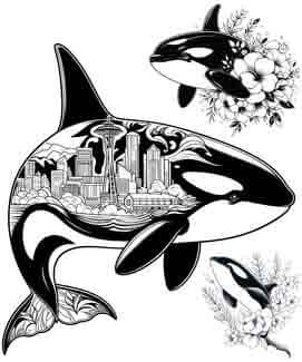 Orcas in Seattle - Tattoo Art - Digital Black and White Design (PNG, JPEG, SVG) - Instant Download for Tattoos, T-Shirts, Wall Art