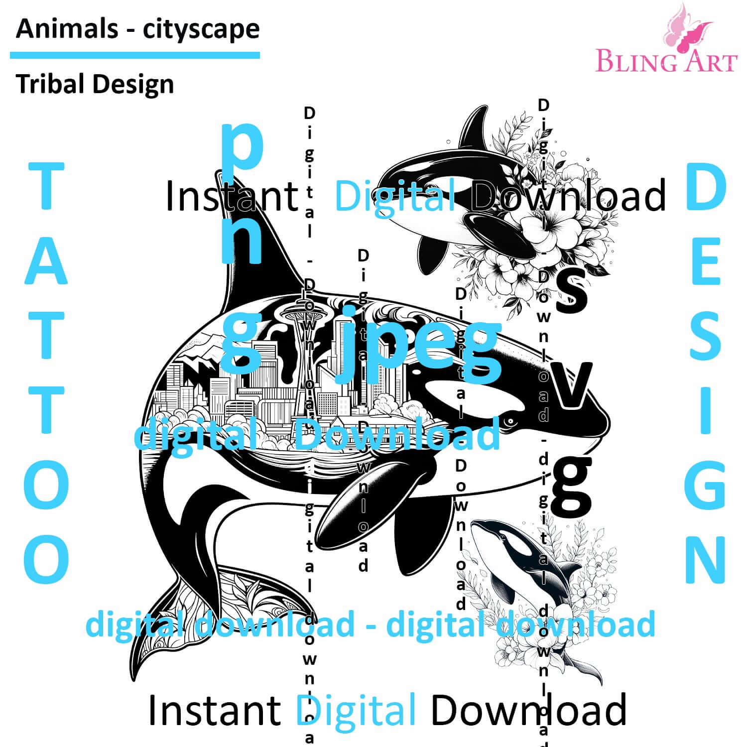 Orcas in Seattle - Tattoo Art - Digital Black and White Design (PNG, JPEG, SVG) - Instant Download for Tattoos, T-Shirts, Wall Art