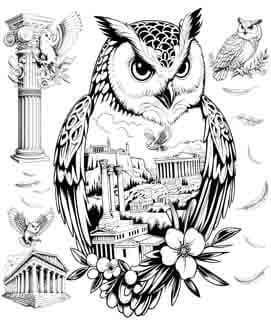 Owls in Athens - Tattoo Art - Digital Black and White Design (PNG, JPEG, SVG) - Instant Download for Tattoos, T-Shirts, Wall Art