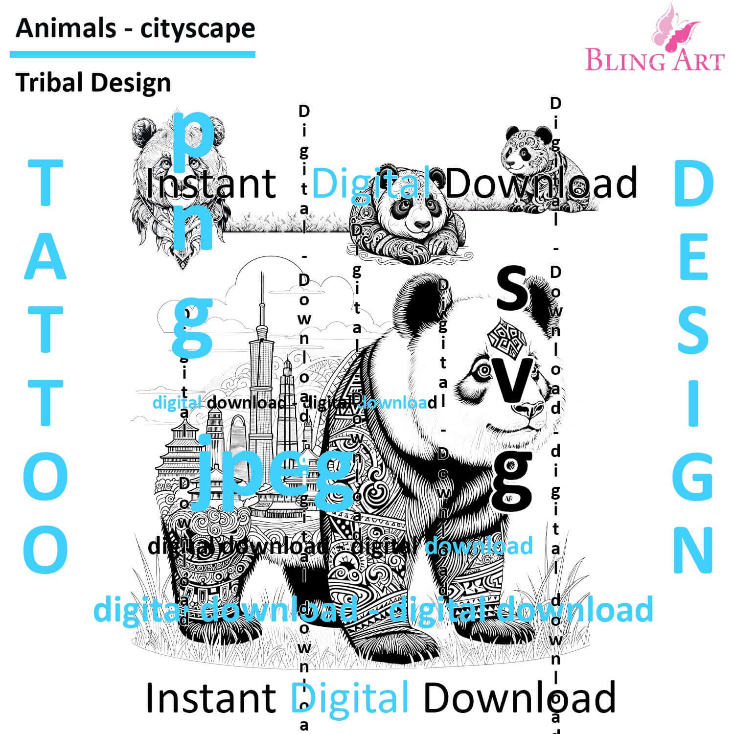 Pandas in Beijing - Tattoo Art - Digital Black and White Design (PNG, JPEG, SVG) - Instant Download for Tattoos, T-Shirts, Wall Art
