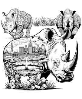 Rhinos in Pretoria - Tattoo Art - Digital Black and White Design (PNG, JPEG, SVG) - Instant Download for Tattoos, T-Shirts, Wall Art