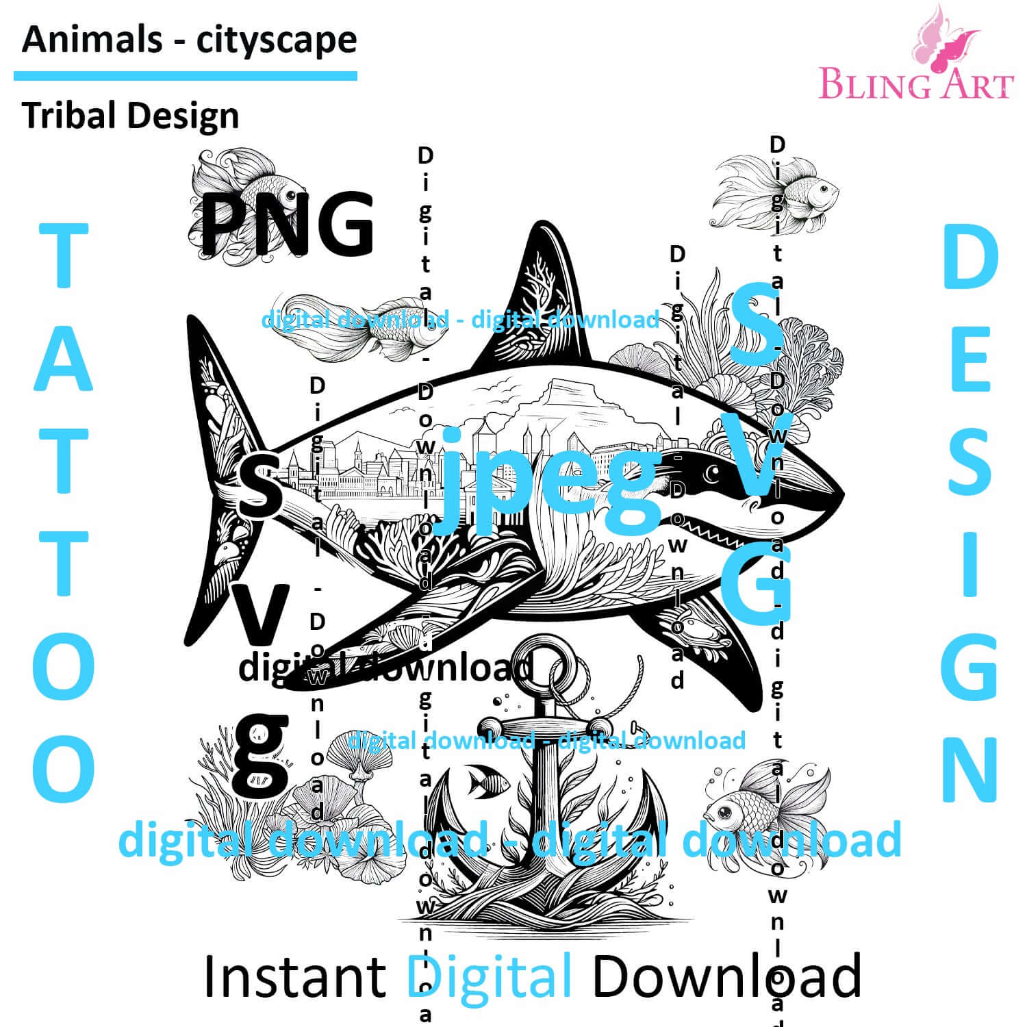 Shark in Cape Town - Tattoo Art - Digital Black and White Design (PNG, JPEG, SVG) - Instant Download for Tattoos, T-Shirts, Wall Art