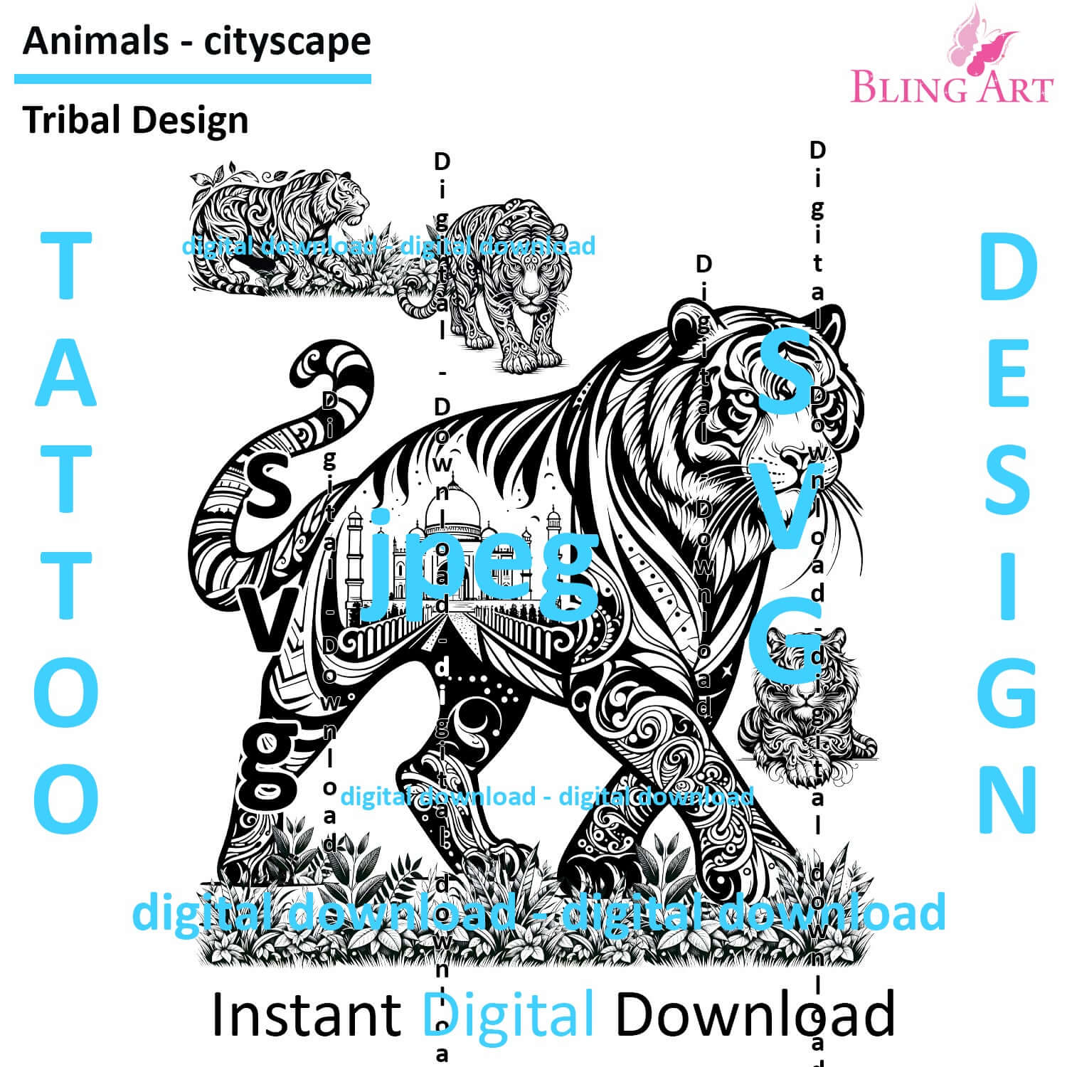 Tigers in Agra - Tattoo Art - Digital Black and White Design (PNG, JPEG, SVG) - Instant Download for Tattoos, T-Shirts, Wall Art