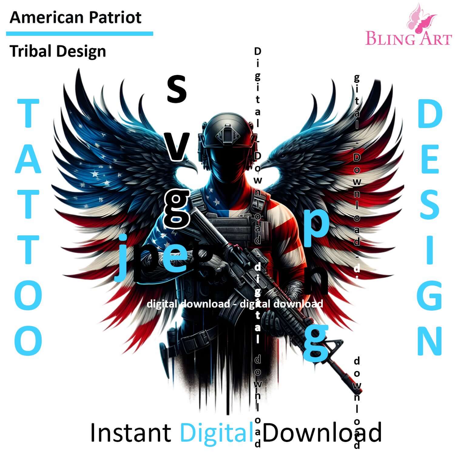 Bling Art Tribal Tattoo Instant Digital Download - American Patriot Soldier - Eagle Fortitude 1