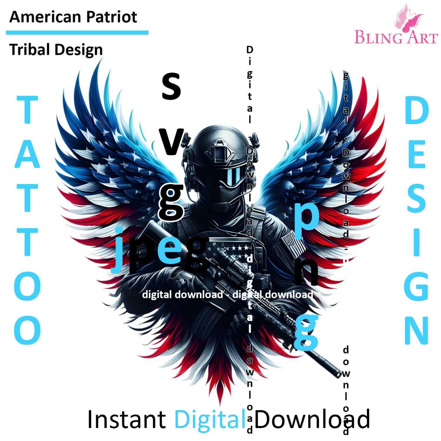 Bling Art Tribal Tattoo Instant Digital Download - American Patriot Soldier - Eagle Honorbound 1