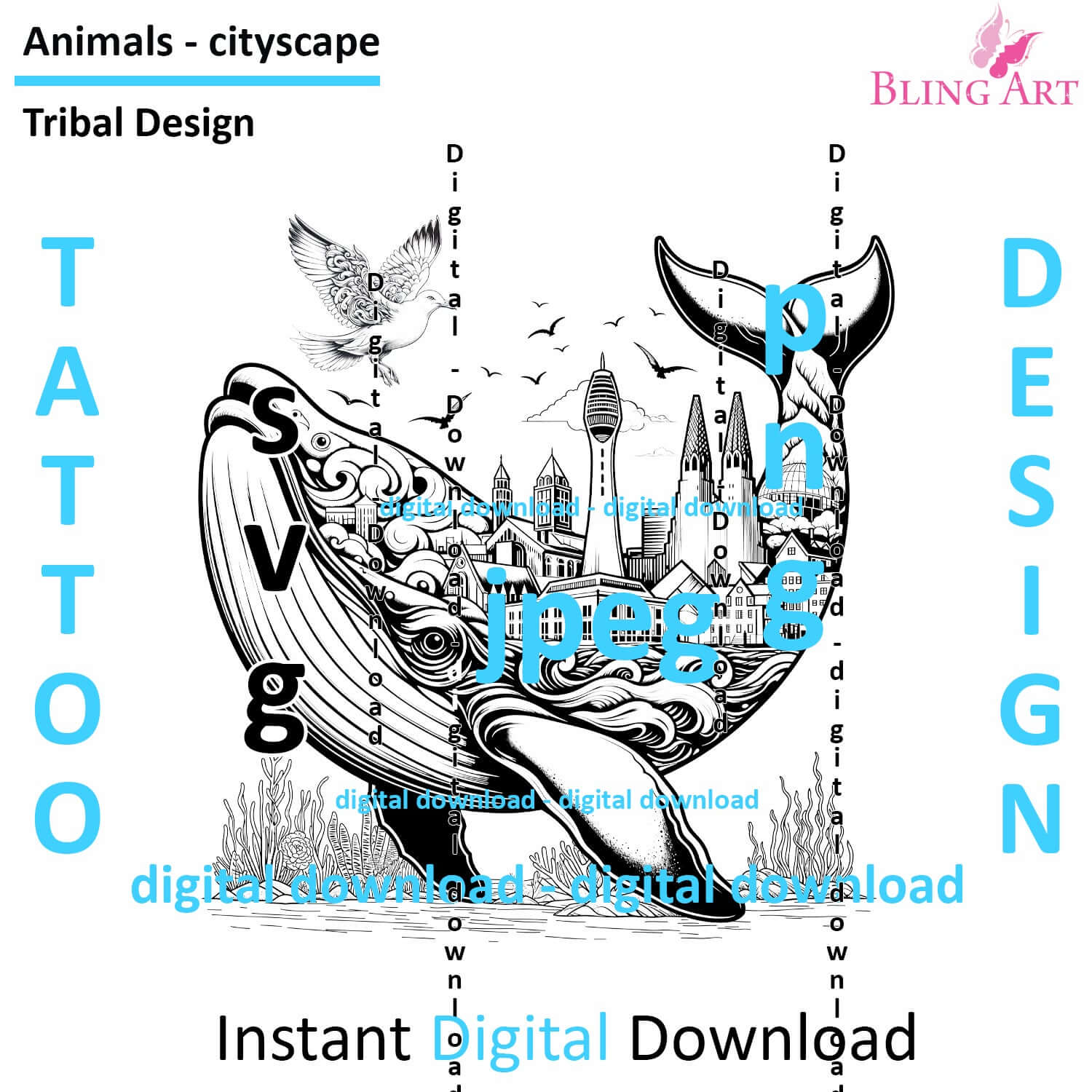 Whale in Reykjavik - Tattoo Art - Digital Black and White Design (PNG, JPEG, SVG) - Instant Download for Tattoos, T-Shirts, Wall Art
