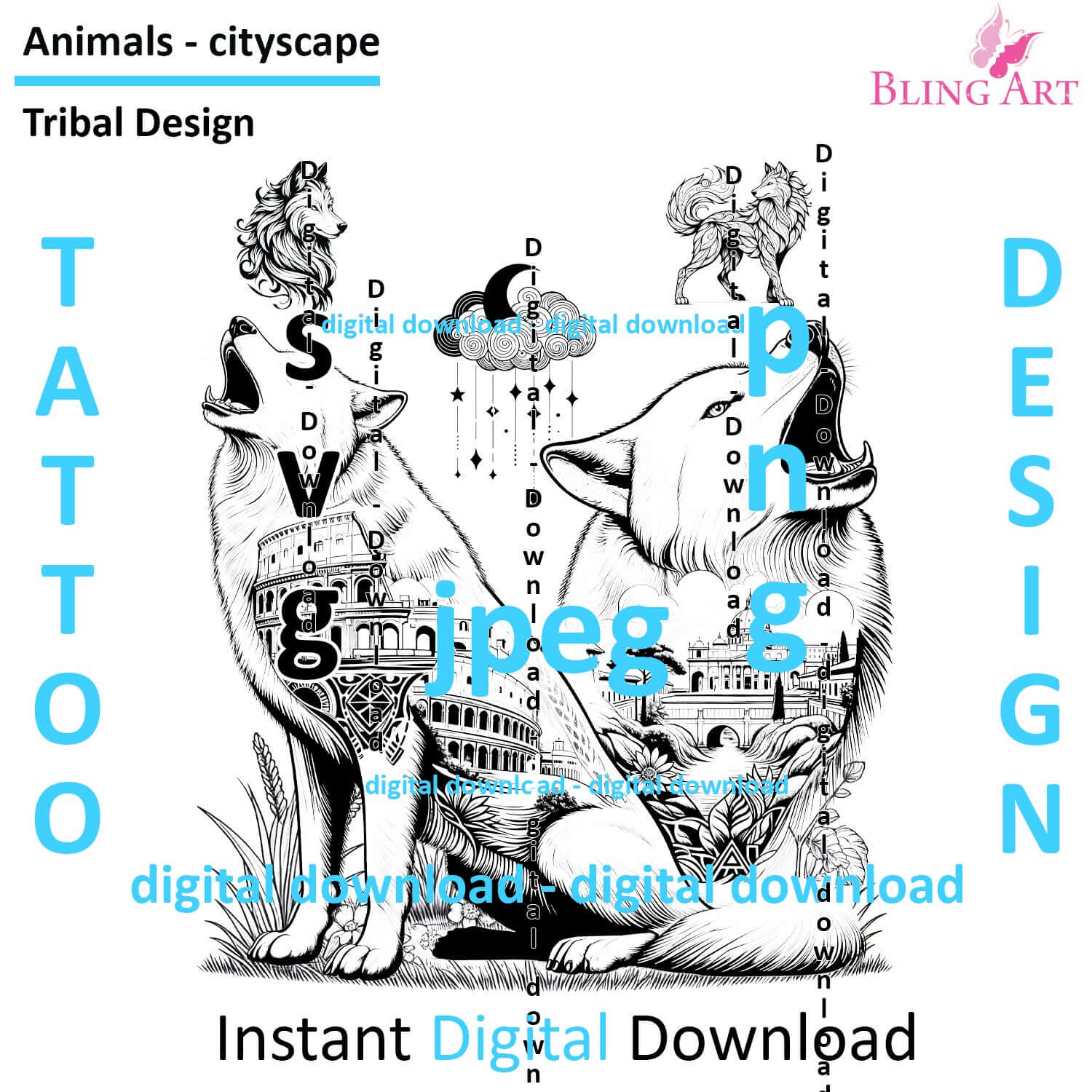 Wolves in Rome - Tattoo Art - Digital Black and White Design (PNG, JPEG, SVG) - Instant Download for Tattoos, T-Shirts, Wall Art