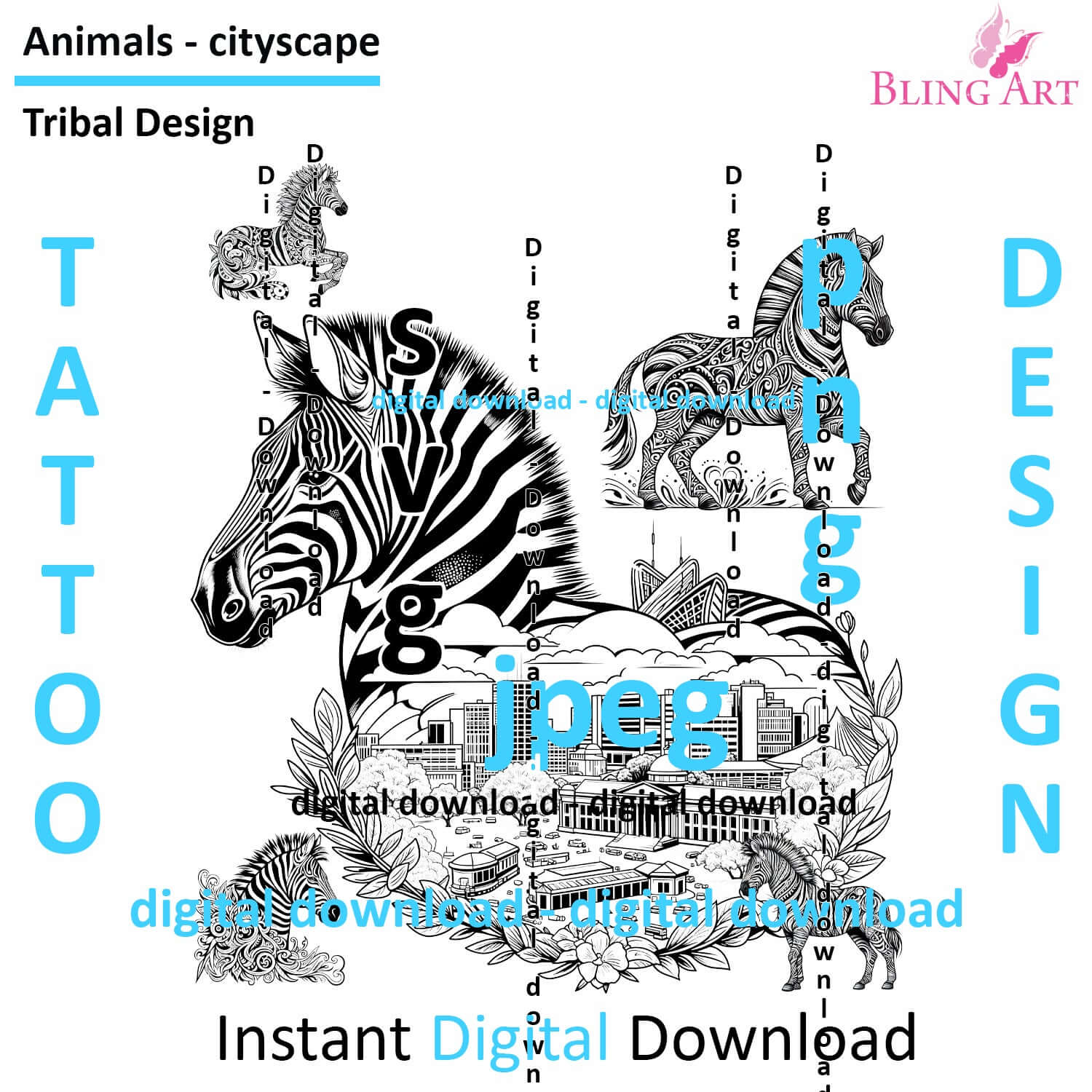 Zebras in Harare - Tattoo Art - Digital Black and White Design (PNG, JPEG, SVG) - Instant Download for Tattoos, T-Shirts, Wall Art